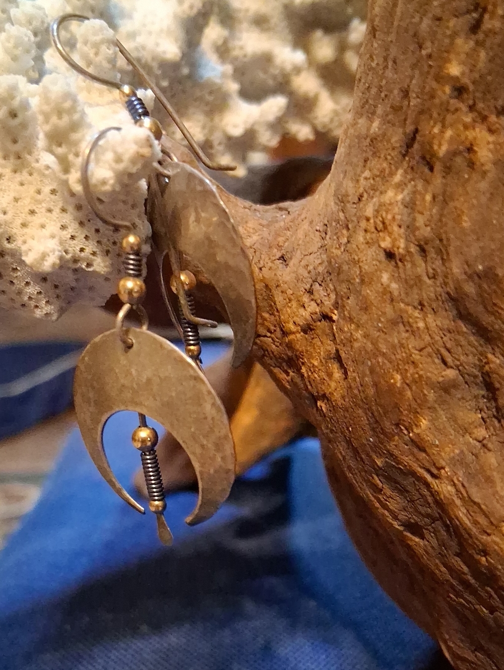 Hammered Crescent Drop Earrings in Antique Gold Tone